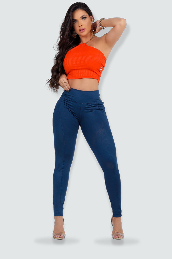 Calça Fitness Modeladora Azul Cintura Alta