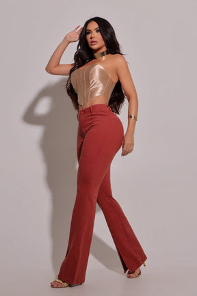 Calça Jeans Feminina Flare Modeladora Terracota